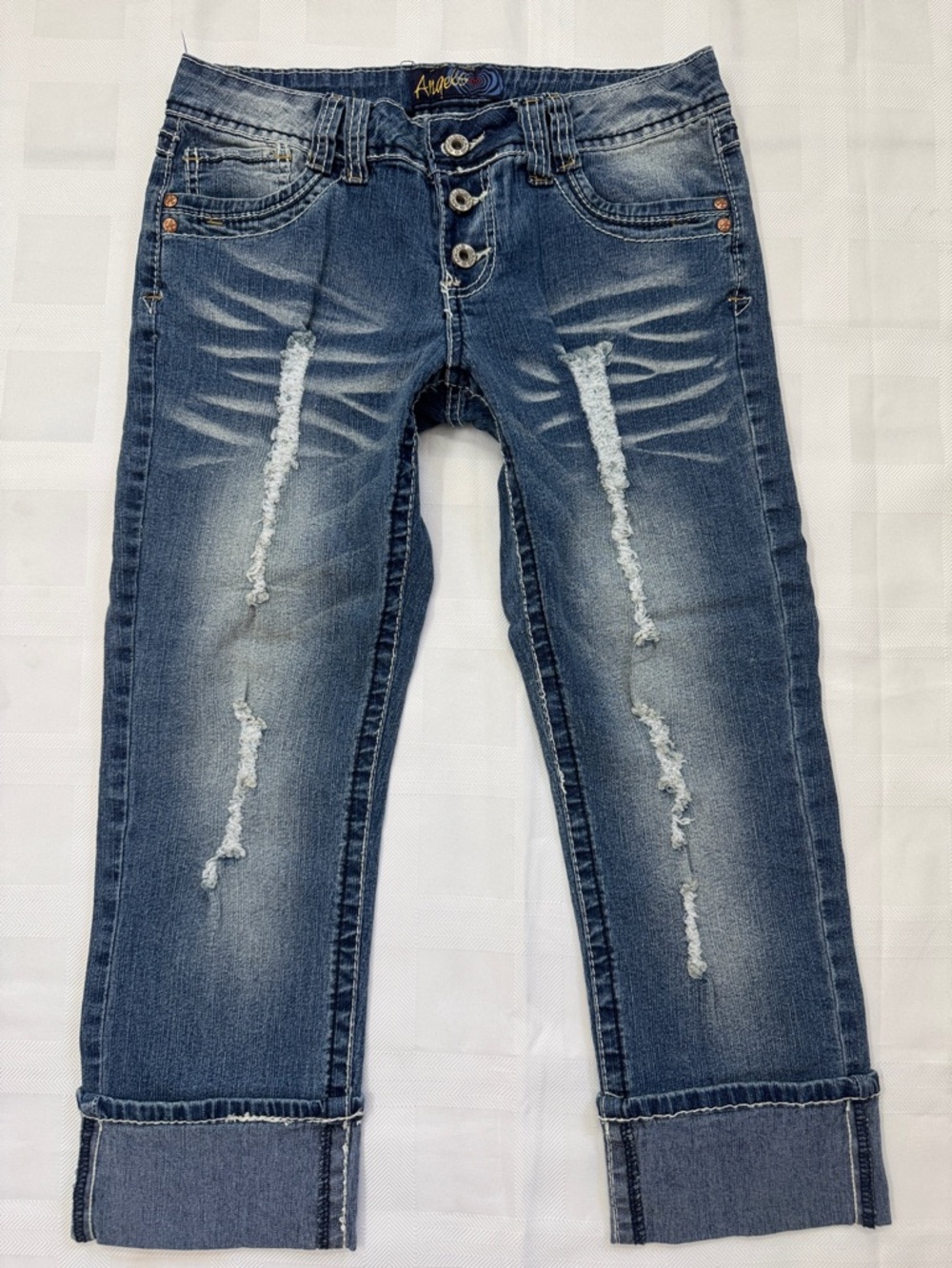 Angels Y2K Distressed Cuffed Cropped Jeans - Blue Denim